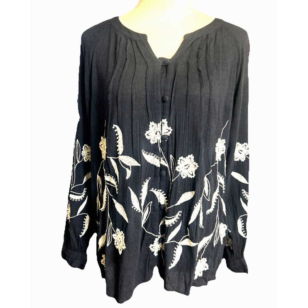 J. Jill Embroidered Pin Tuck Gauze Covered Button Navy White Blouse Boho Small